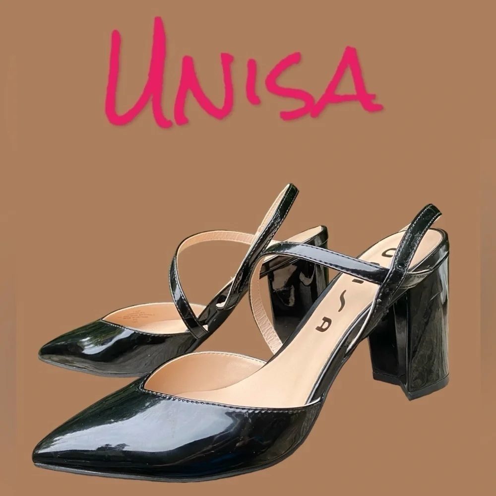 Unisa-New w/o box size7.5 “Marliee” vegan patent point toe w/3.25” block heel